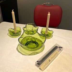 1970’s Chip & Dip Stacked Glass Bowls and Matching Candlesticks - Avocado Green